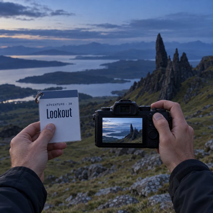 Hands holding a camera below the Old Man of Storr on Skye after sunset; in the other hand the Lookout sheet