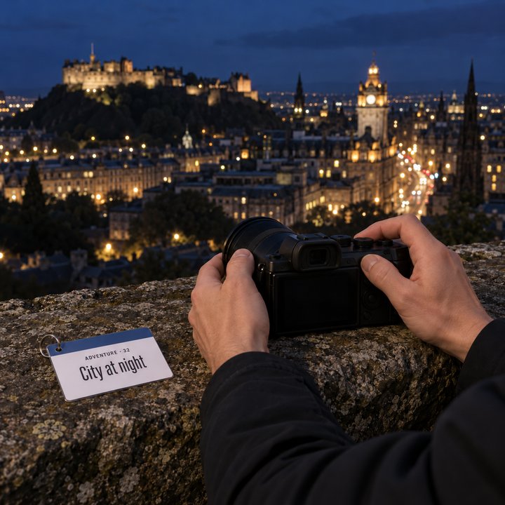 Hands steadying a camera on a wall on Calton Hill, with Edinburgh Castle lit up across the city, next to the City at night sheet