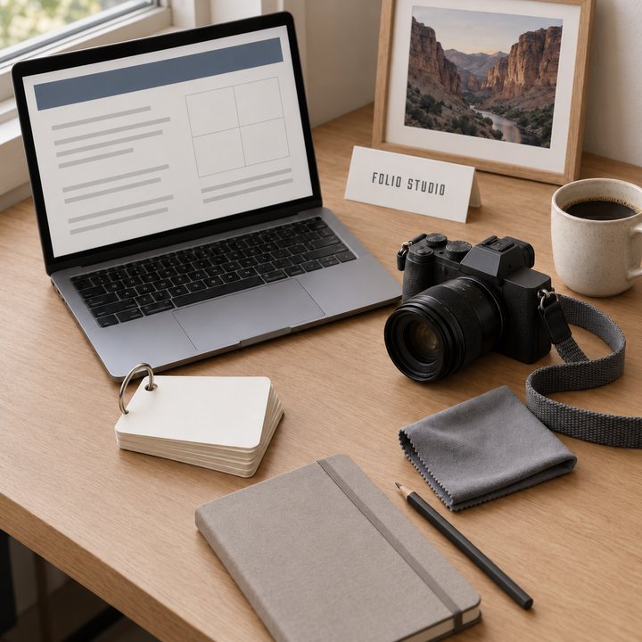 Folio Studio desk: laptop, sheets on a key ring, camera and notebook